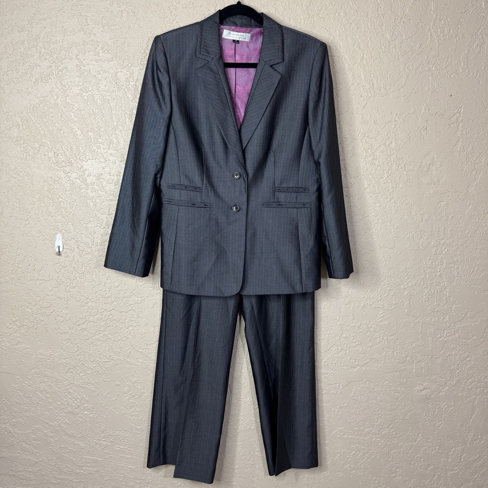 Tahari Womens Gray Pinstriped 2 Piece Pants Suit Size 12 Career Business Office